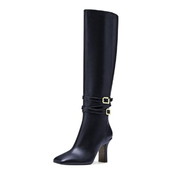 FSJ Shoes - FSJ Dark Blue Knee High Boots Pull On Chunky Mid Heel Side Zipper Shoes